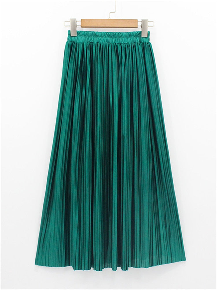 Satin Loose Pleated Solid Color High Waisted Maxi Skirt