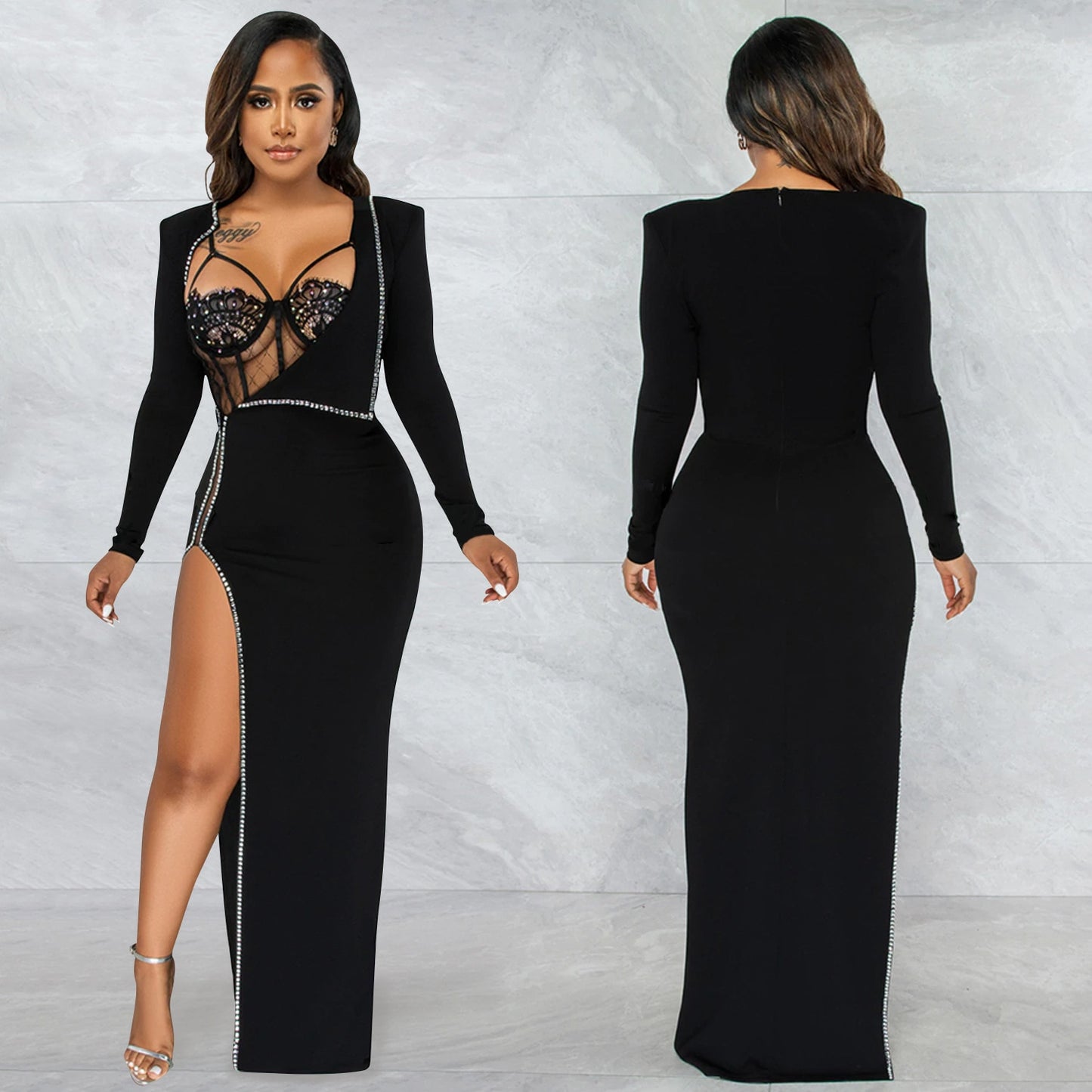 Diamond Rhinestone Sheer Mesh Bodysuit Long Sleeve High Slit Dress