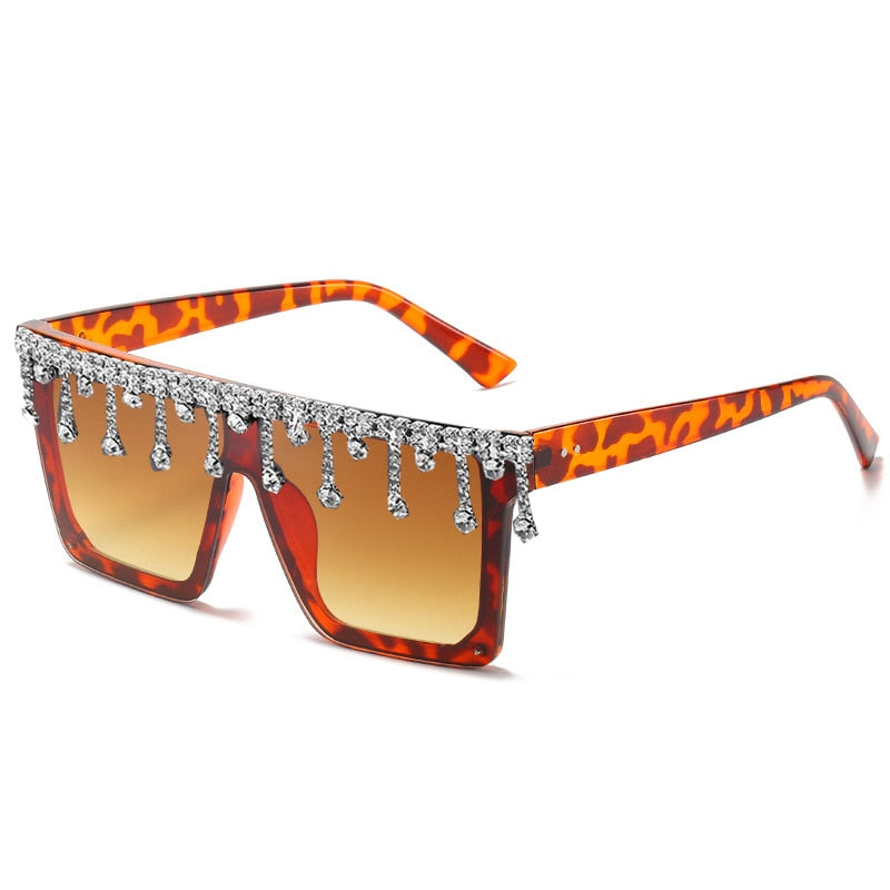 Dripping Iced Out Crystal Rhinestone Tassel Drop Oversized UV400 Ladies Sunglasses