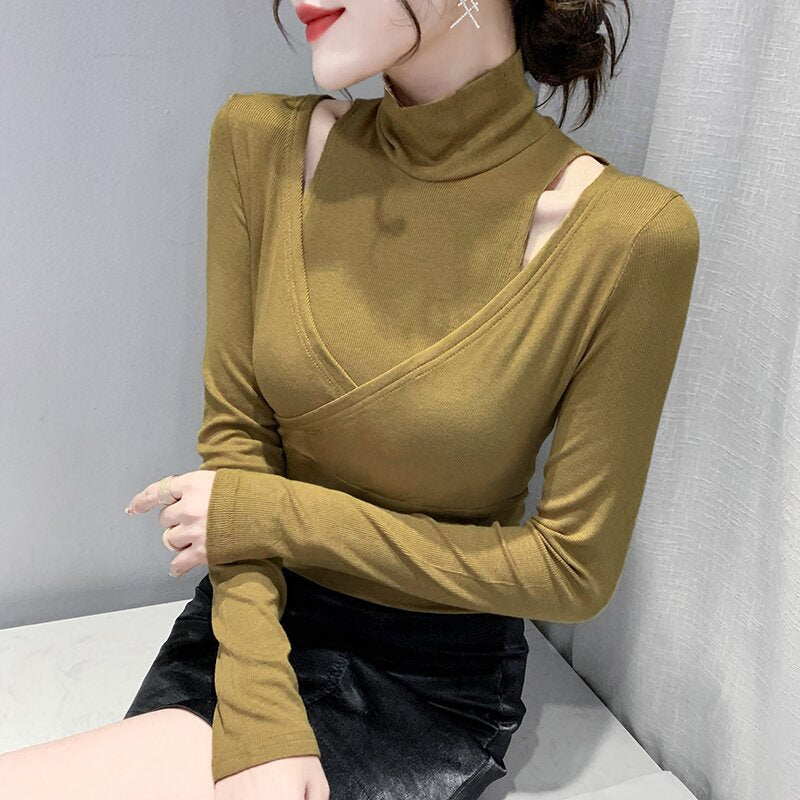 Patchwork Women's Hollow-Out Turtleneck Long Sleeve Off-The-Shoulder Bodycon Skinny Shirt