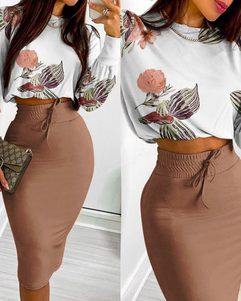 O-Neck Printed Long Sleeve Top & Drawstring Shirred Midi Skirt 2-Piece Set