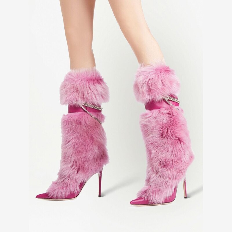 Cowhide Pink ONLY 10cm Knee High Fox Fur Metal Chain Pointed Boots