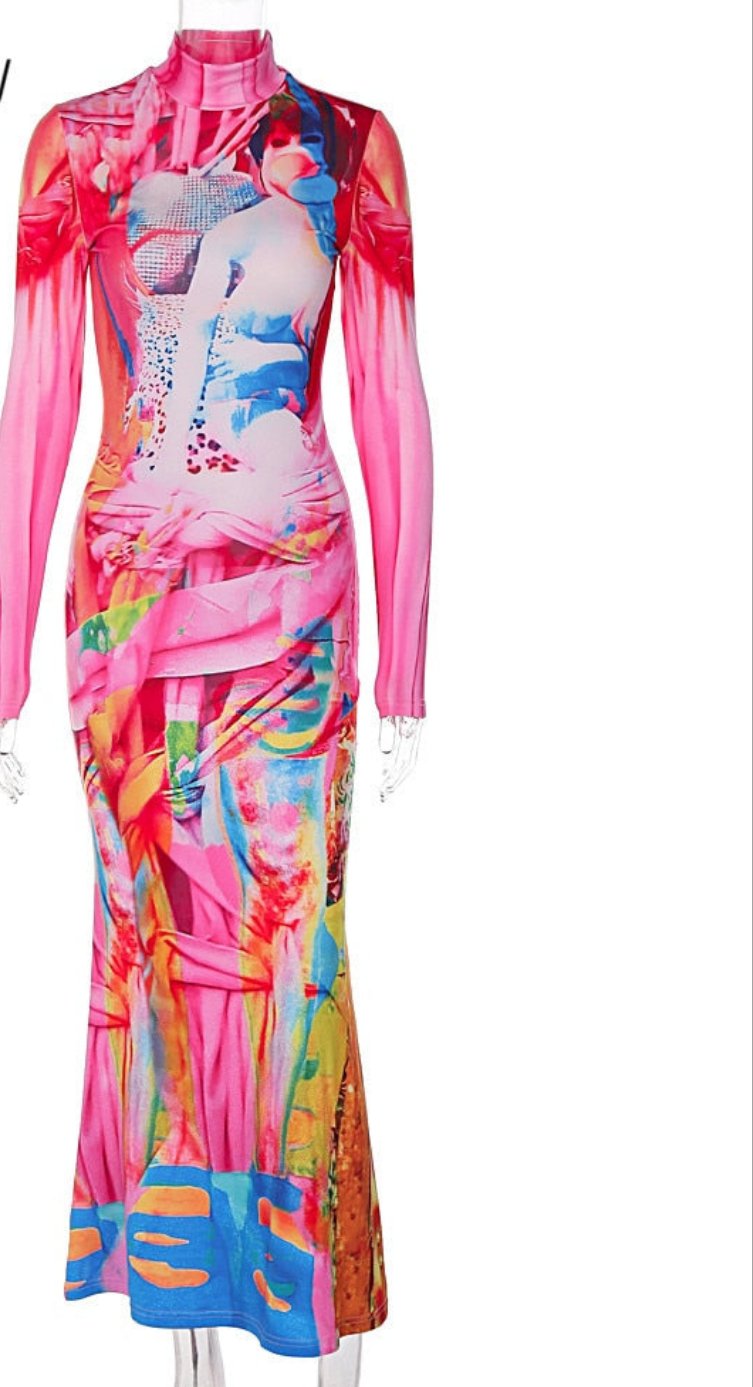 Pink Long Sleeve Bodycon Printed Streetwear Maxi Dress