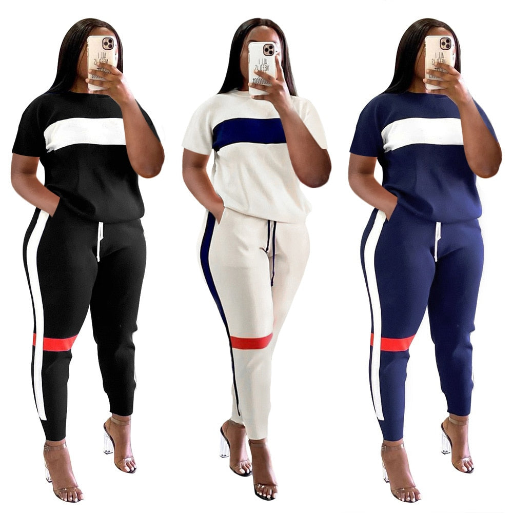 Striped Colorblock Plus Size Ladies Pullover Sweatshirt + Jogger Pants Tracksuit to 3X