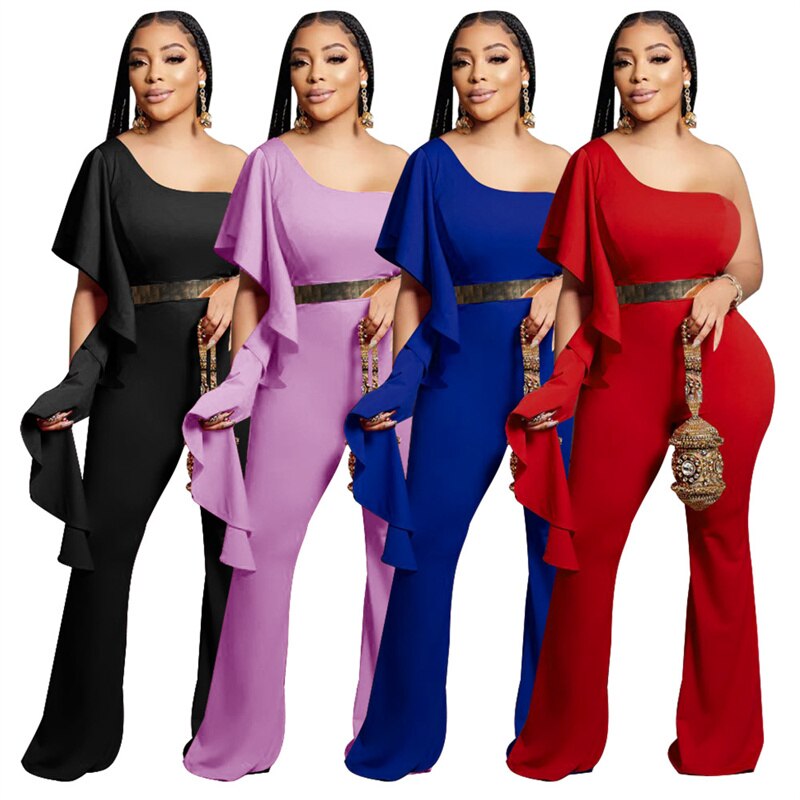 Ruffle Ribbon Wide Leg One Shoulder Backless Jumpsuit