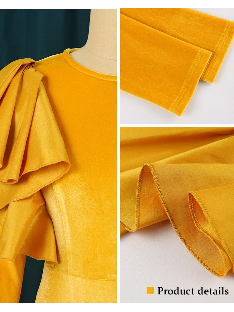 Velvet Yellow Ruffle Oversized Bow Detail Long Sleeve  Plus Size Bodycon Maxi Dress to 3X