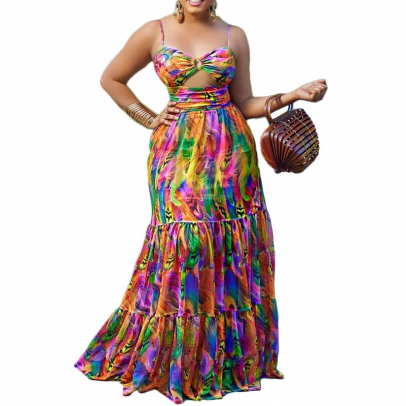 Floral Multi-Colored Print Halter Cut-Out African Plus Size Maxi Dress to 5X