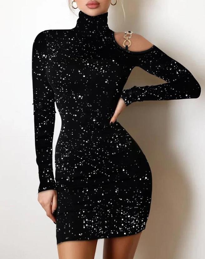 Mesh Sheer Rhinestone Mock Neck Long Sleeve Mini Party Dress