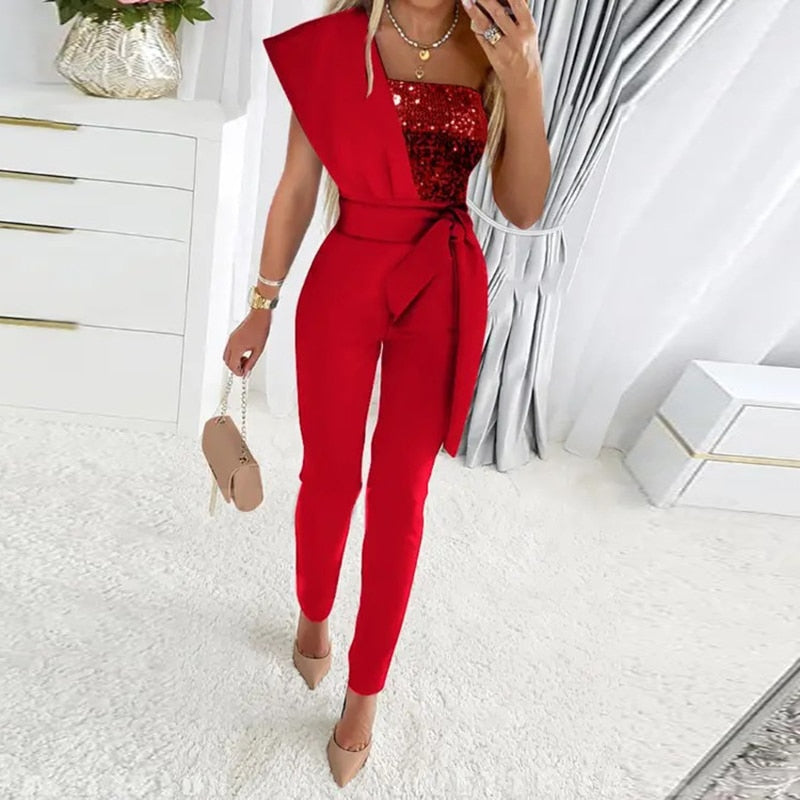 Sequin Patchwork Short Sleeve Slim Bodycon Jumpsuit