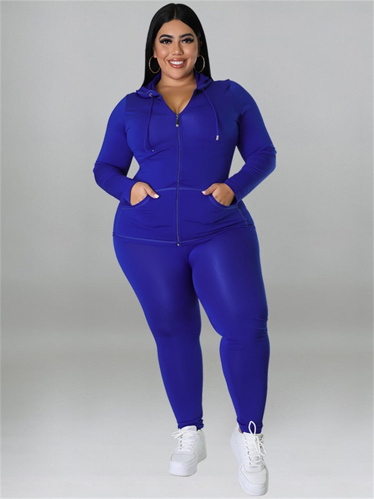 Zipper Hooded Solid Ladies Plus Size Tracksuit to 5X