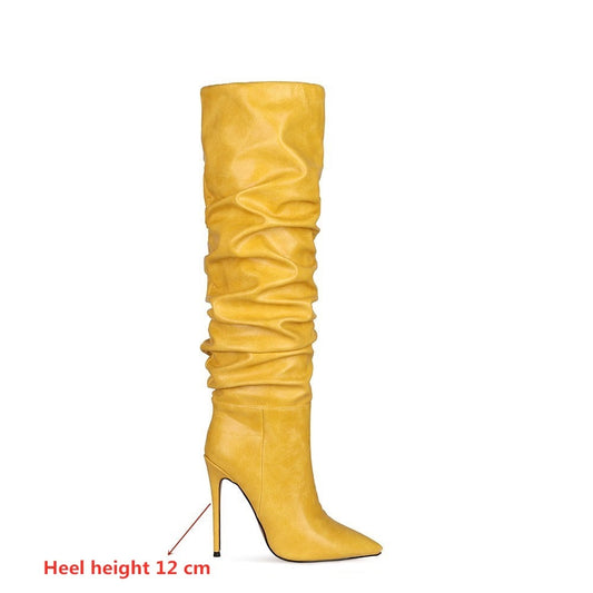 Pointed Toe Pleated Ruched Knee High Boots Ladies