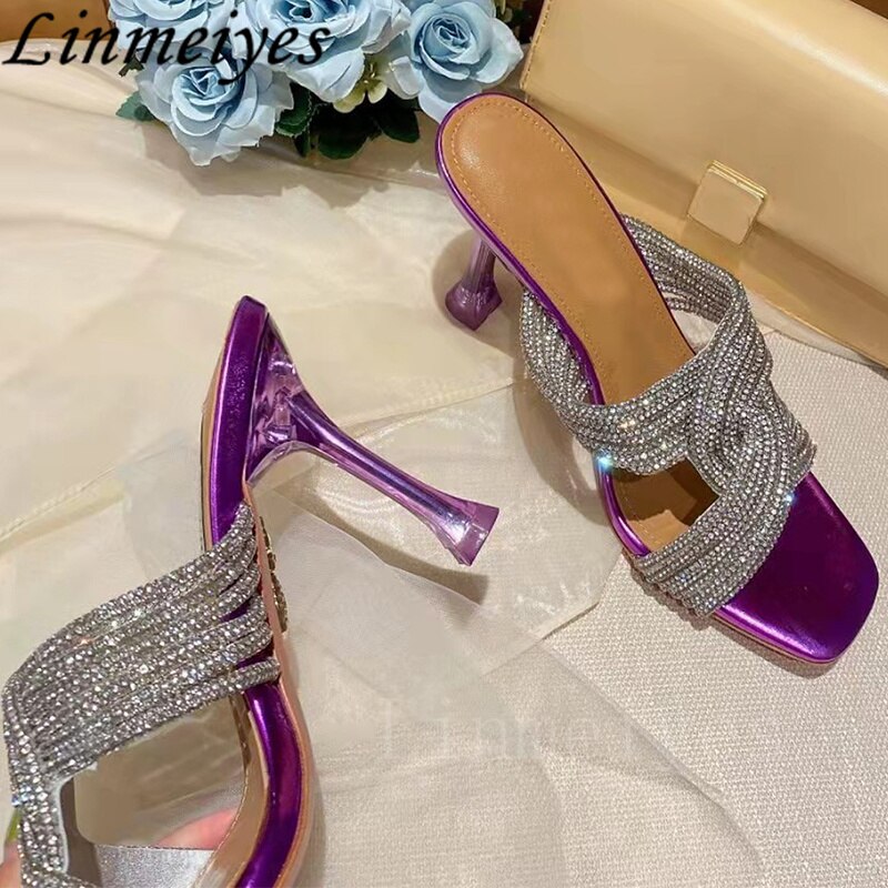 Rhinestone High Heel Peep Toe Crystal Cross Strap Mule Sandals