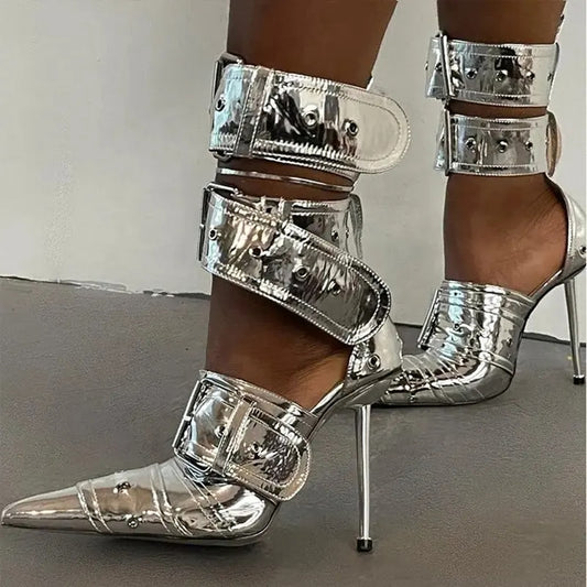 Metallic Buckle Pointy Hollow Gladiator Sandals