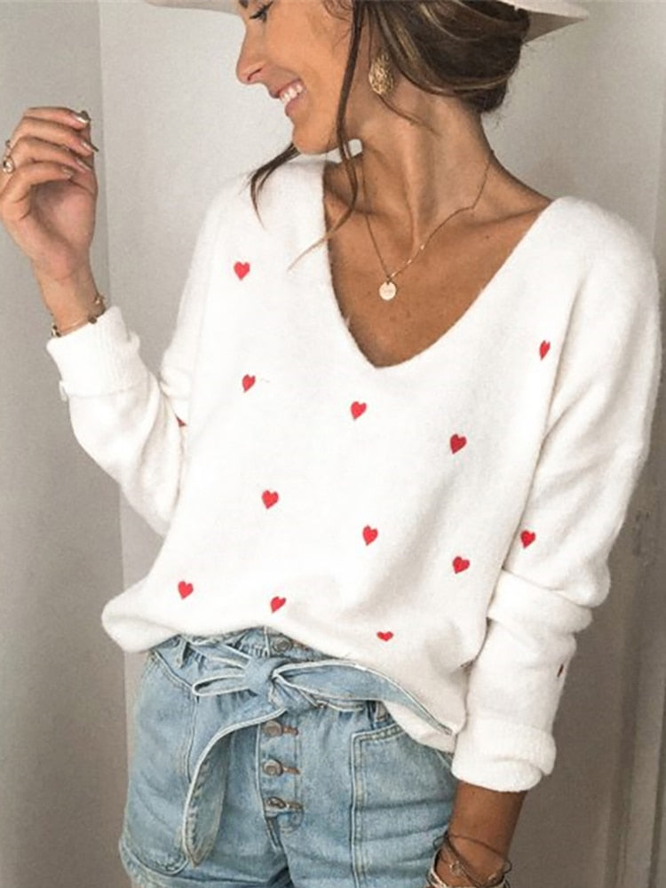 Heart Embroidered Women's V-Neck Pullover Sweater