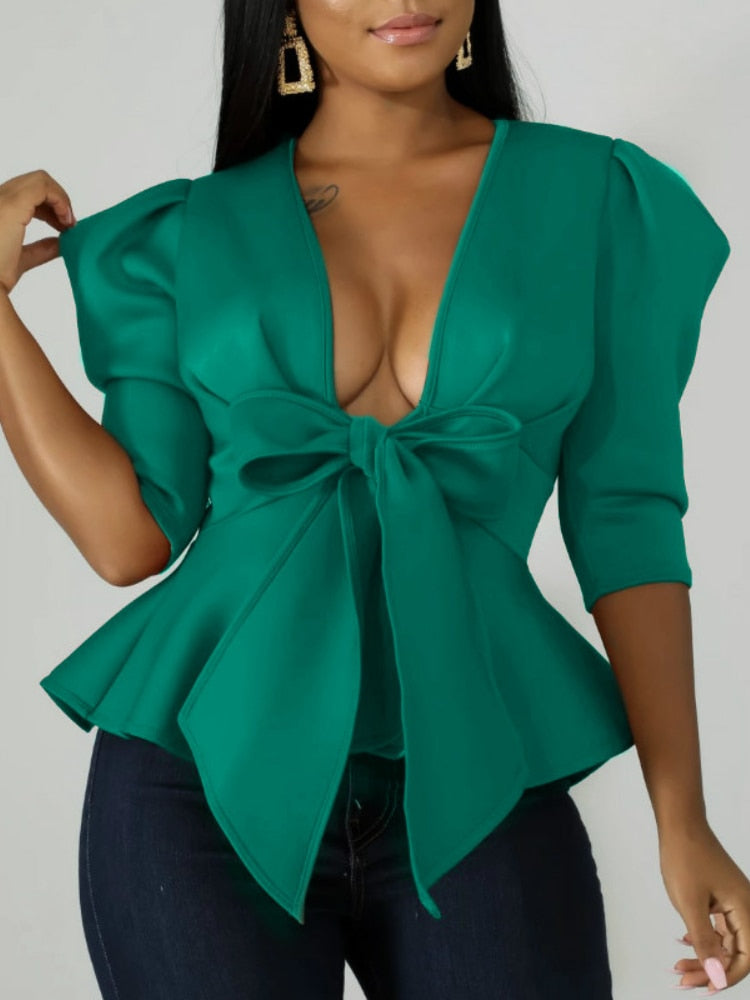 Peplum Bowtie Half Sleeve Deep V-Neck Blouse