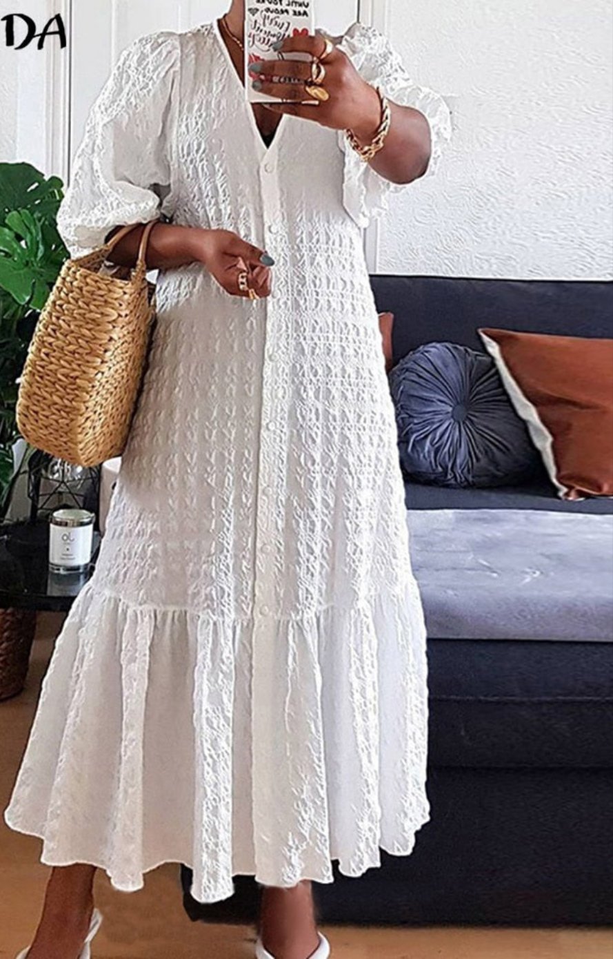 Solid Ruffled Hem Bohemian Button-Up V-Neck Puff 1/2 Sleeve Maxi Shirt Dress to 5X