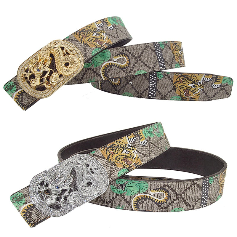 Unisex Gold/Silver Tiger/Dragon/Eagle/Butterfly Pattern Alloy Smooth Buckle Diamond Leopard Head Leather Belts