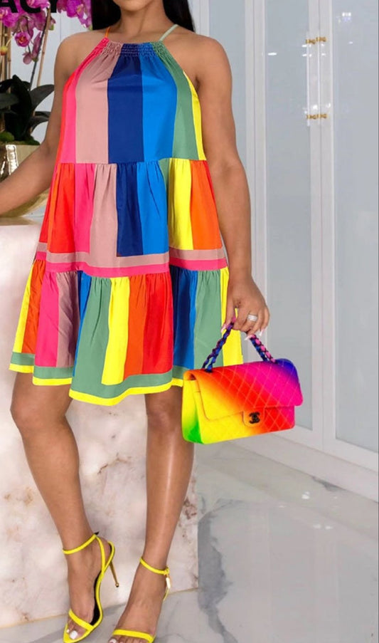 Rainbow Colorblock Grid Design Loose Fit Spaghetti Strap Mini Dress