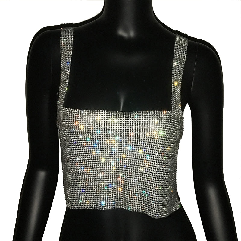 Metallic Glitter Backless Rhinestone Crystal Sequin Cropped Tank Top