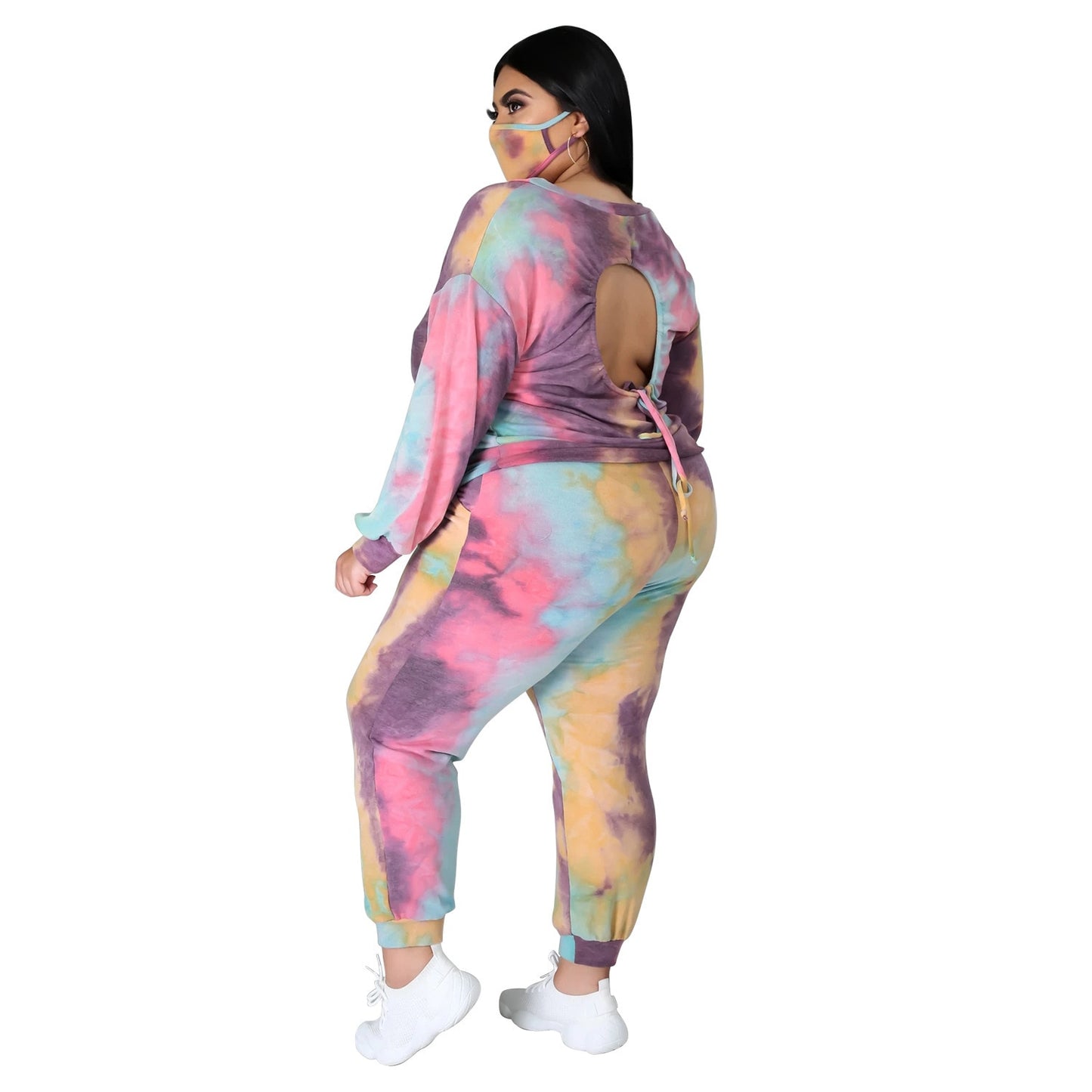 Tie-Dye Hollow-Out Open Lace-Up Back Long Sleeve Pullover Sweatshirt + Sweatpants Women's Tracksuit to 5X Plus Size