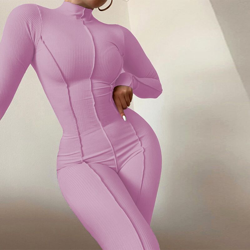 Solid Line Design Long Sleeve Bodycon Ladies Fitness Workout Jumpsuit