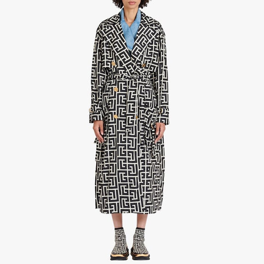 Jacquard Geometric Print Women's Turn-Down Collar Trenchcoat w/ Belt to 3X Plus Size