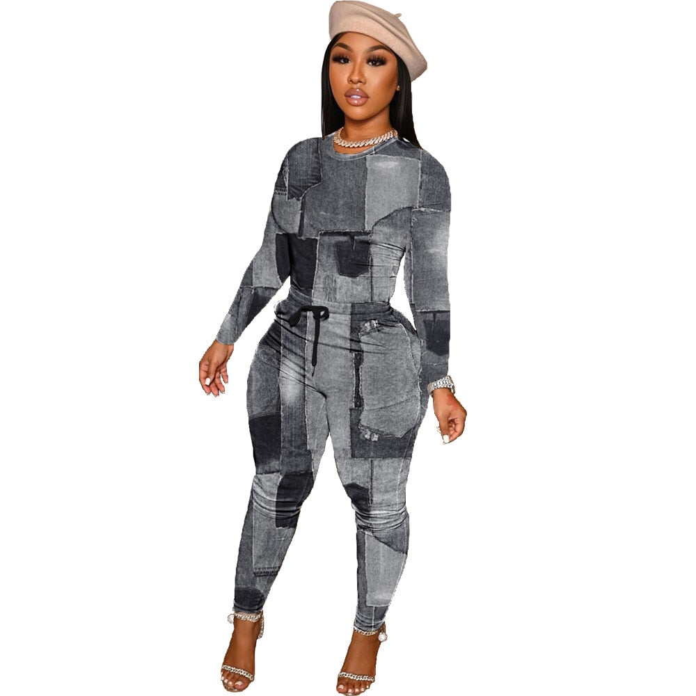 Mock Denim Print Tracksuit Women Casual Long Sleeve Shirt Top + Drawstring Sweat Pants Skinny Two Piece Set