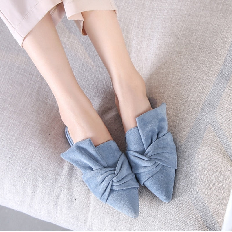 Ladies Mules Flock Bow-Knot Flats Fashion Pointed Toe Office Shoes