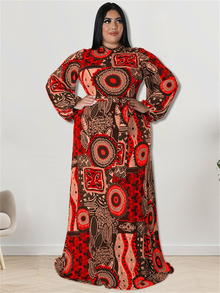 African Print Long Sleeve Maxi Dress Plus to 5X