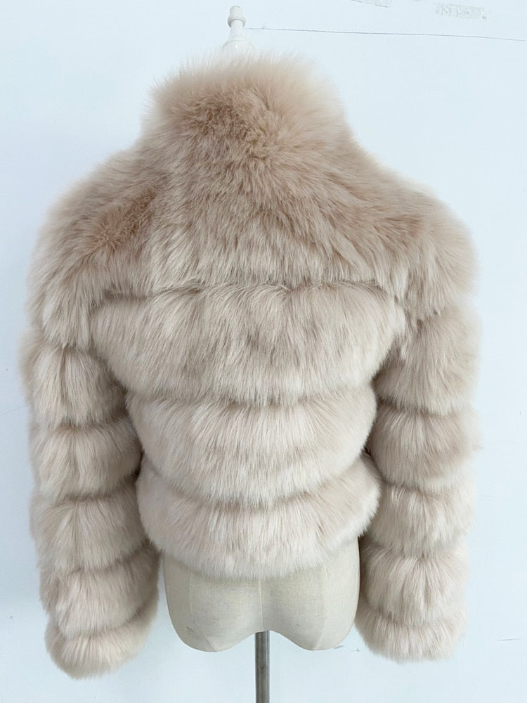 Faux Ladies Cropped Fox Fur Stand Collar Jacket