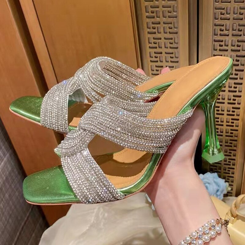 Rhinestone High Heel Peep Toe Crystal Cross Strap Mule Sandals