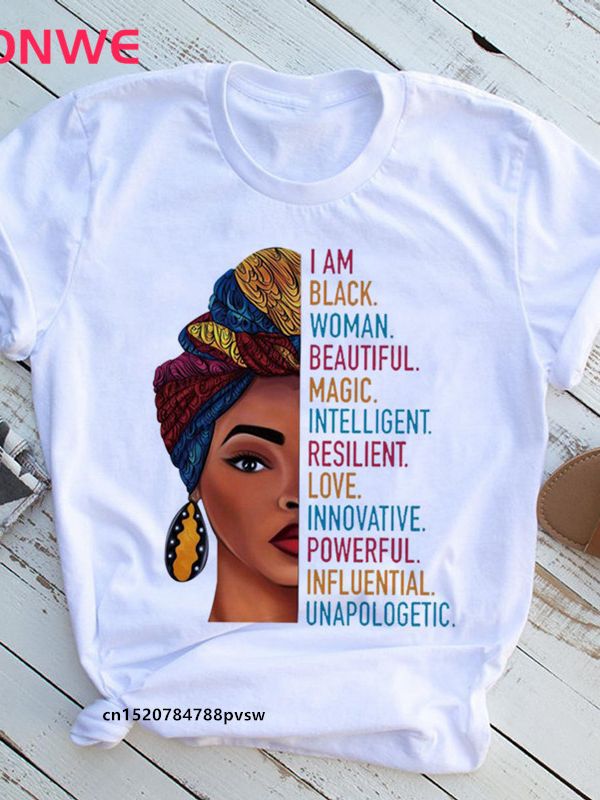 Women's African White T-Shirt Girl Black Queen Lip T-Shirt