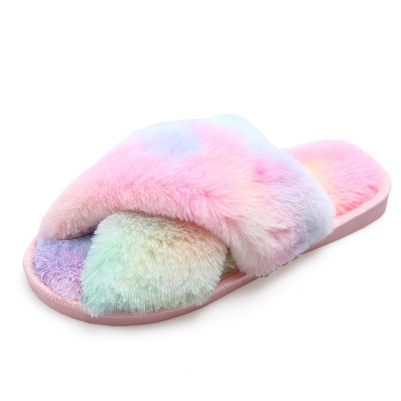 Mixed-Color Ladies Fur Slippers Rainbow Color Home Slippers