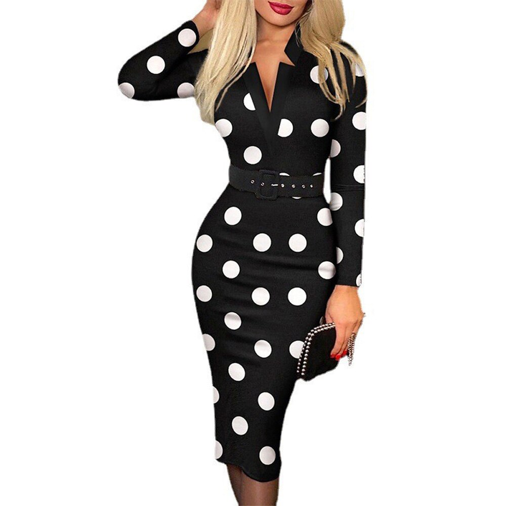 Long Sleeve V-Neck Knee Length Office Dress w/ Belt