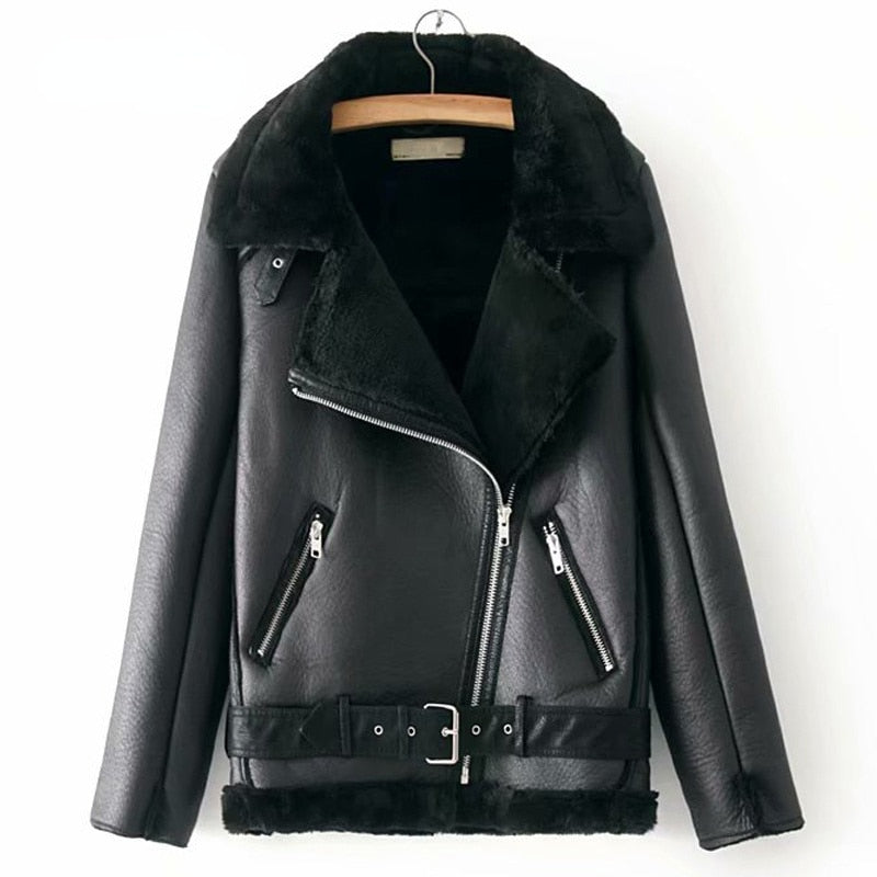 Cross Zipper Turn-Down Velvet Faux Fur Collar Biker Motorcycle Bomber Jacket w/ Belt