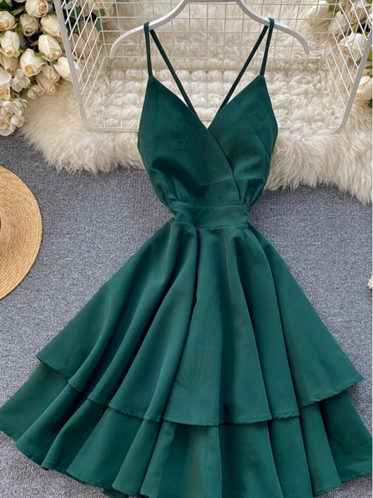 V-Neck Backless Lace Up Ruffles Cakes Solid A-line High Waist Dress