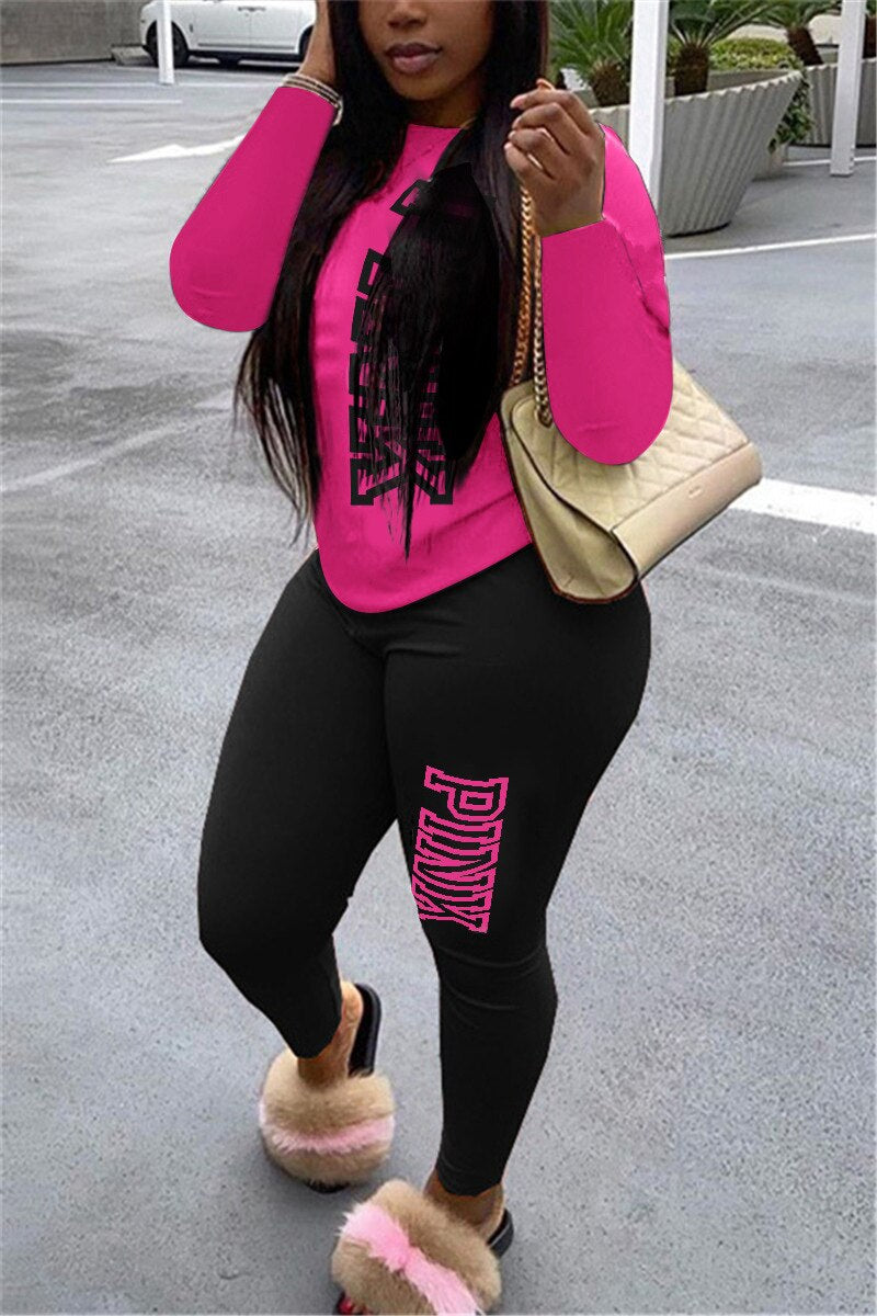 "PINK" O-Neck Letter Print Long Sleeve Women's T-Shirt + Leggings 2-Piece Set to 5X Plus Size