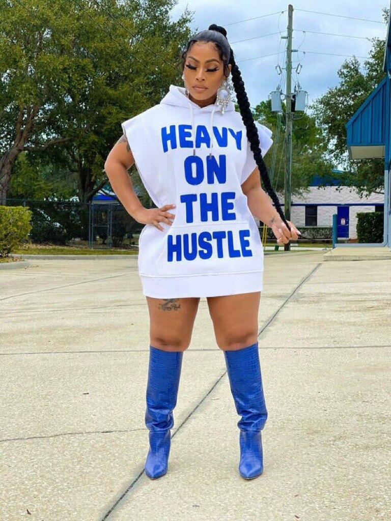 "Heavy On The Hustle" Drawstring Flared Short Sleeve Sweatshirt Hoodie Dress