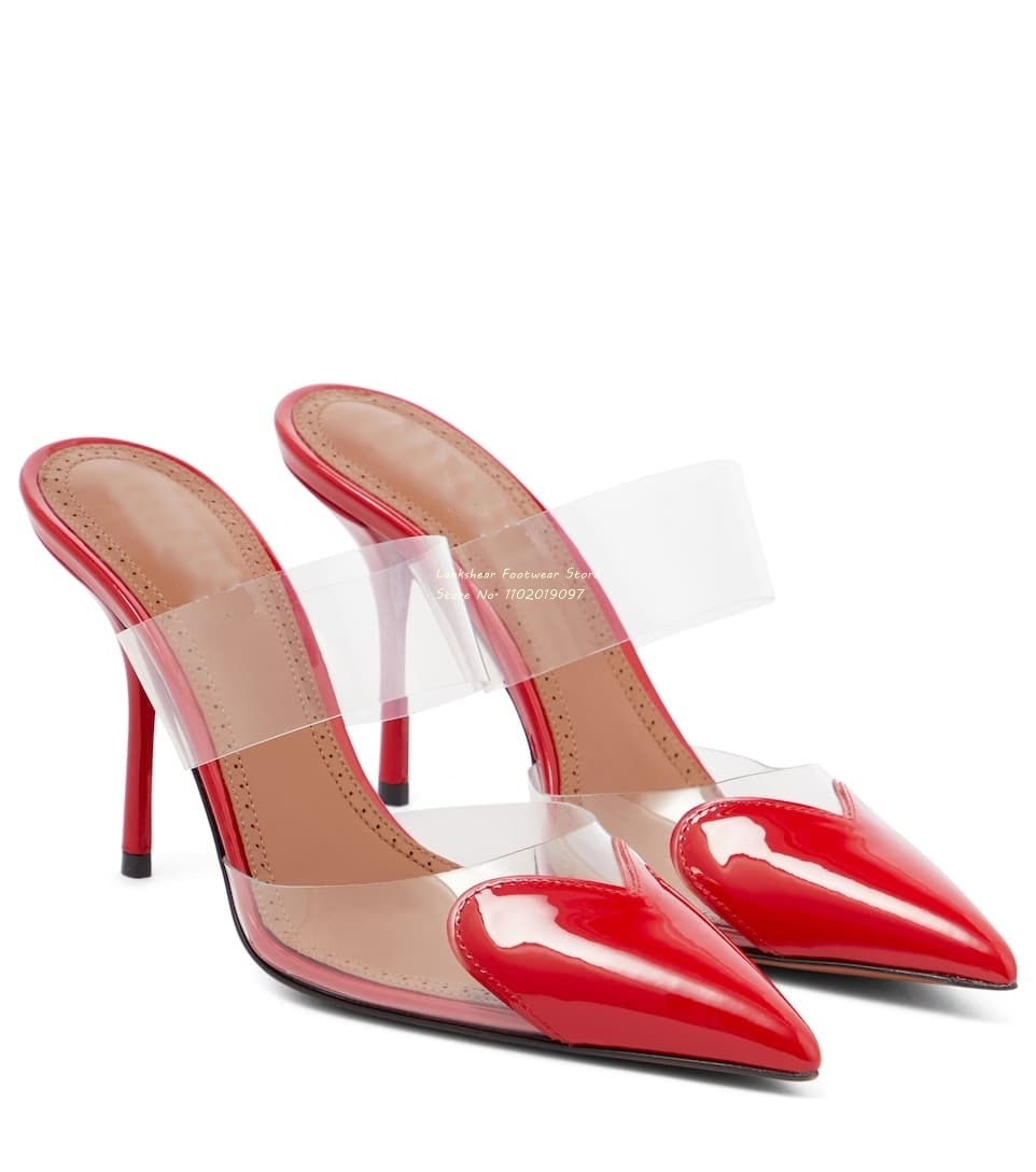 Heart Detail Patent Leather PVC Stiletto Pointed Toe PVC Strap Sandal Pumps