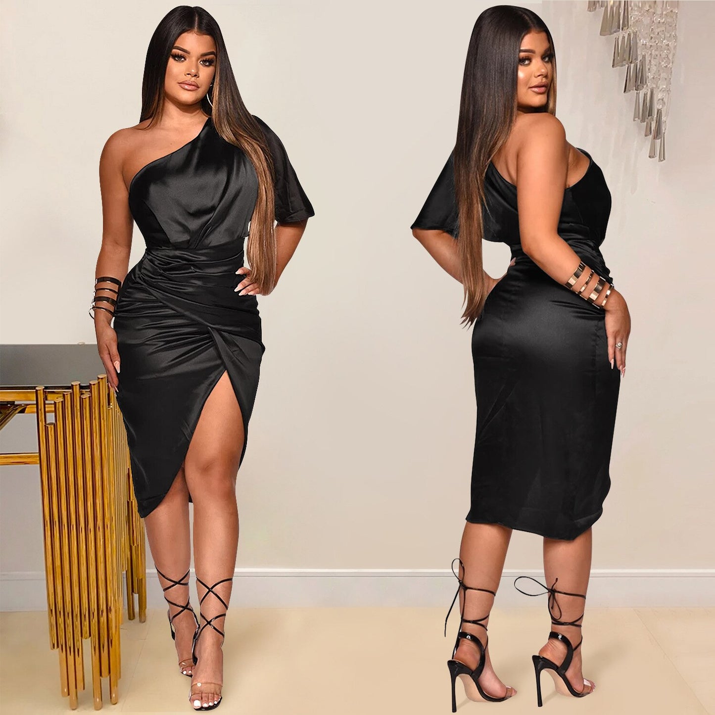 Satin Asymmetrical One-Sleeve Irregular Bodycon Side Slit Dress