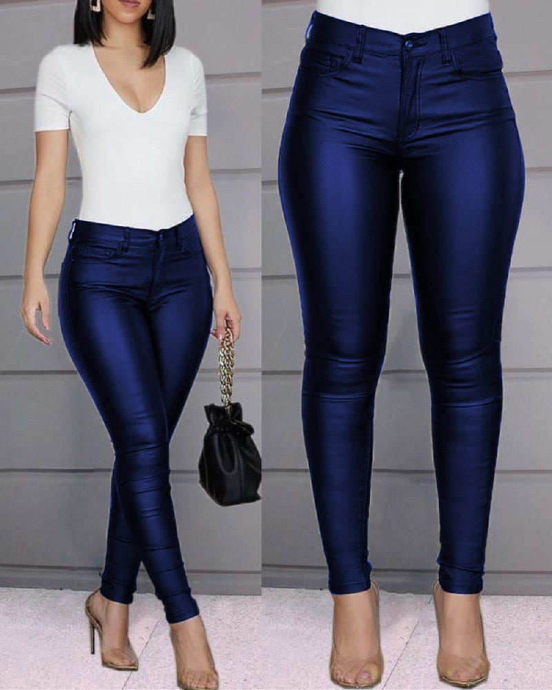 Solid Buttoned Coated PU Pants Women Skinny Pencil Pants