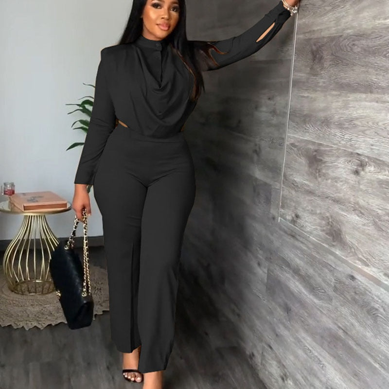 Long Sleeve Ruched Crop Top & Pants Business Set