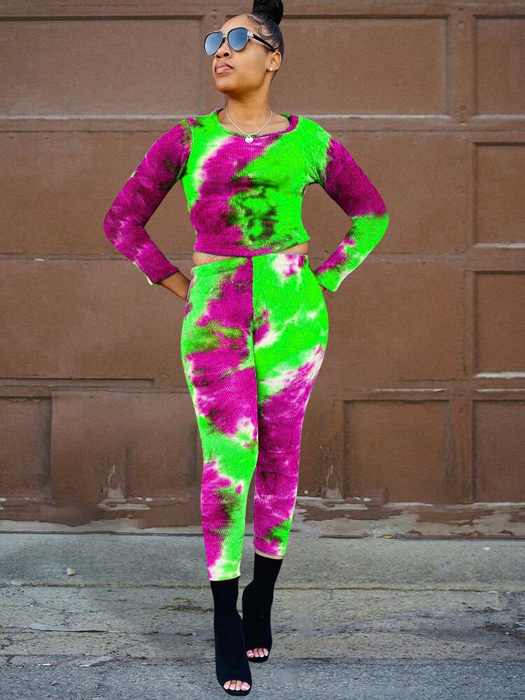 Tie Dye Print O-Neck Long Sleeve Crop Top + High Waist Pencil Legging 2-Piece Set