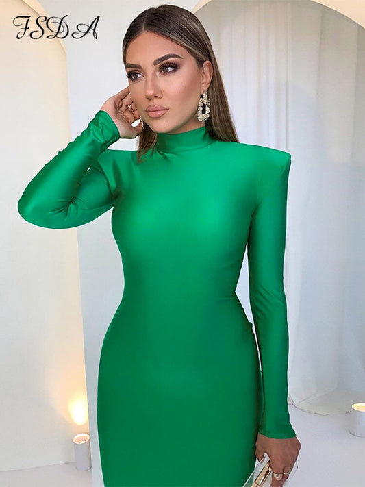 Turtleneck Solid Long Sleeve Bodycon Maxi Dress