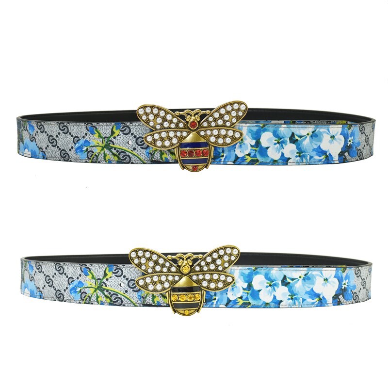 Butterfly GG Bee Designer Monogram Print Women's Leather Belt