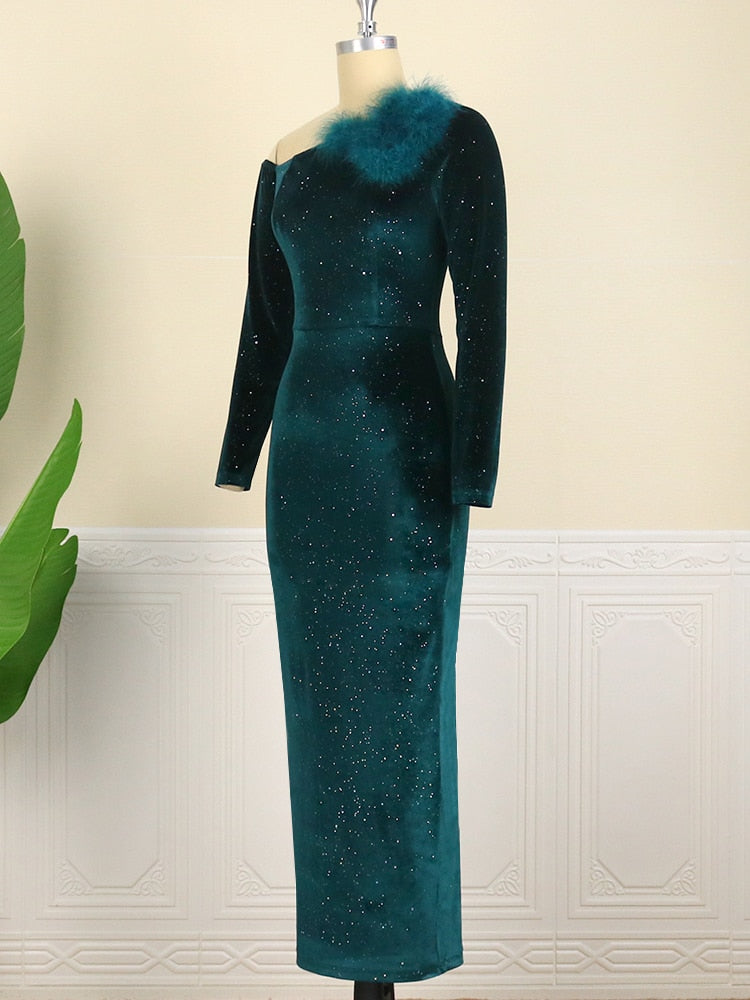 Velvet Dark Green Feathered Sequined Cold Shoulder Long Sleeve Bodycon Formal Evening Gown Party/Prom Maxi Dress to 4X