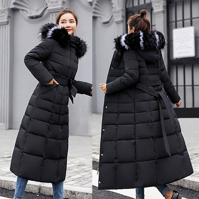 Quilted Hooded Goose Down Women's Bow Belt Fox Fur Collar Trenchcoat