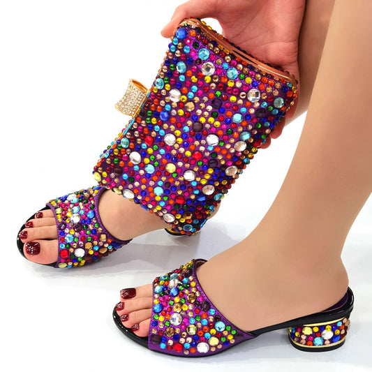 Rhinestone Rainbow Gemstone Sandals & Clutch Purse Set