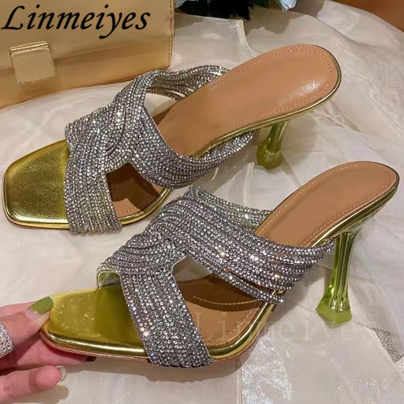 Rhinestone High Heel Peep Toe Crystal Cross Strap Mule Sandals