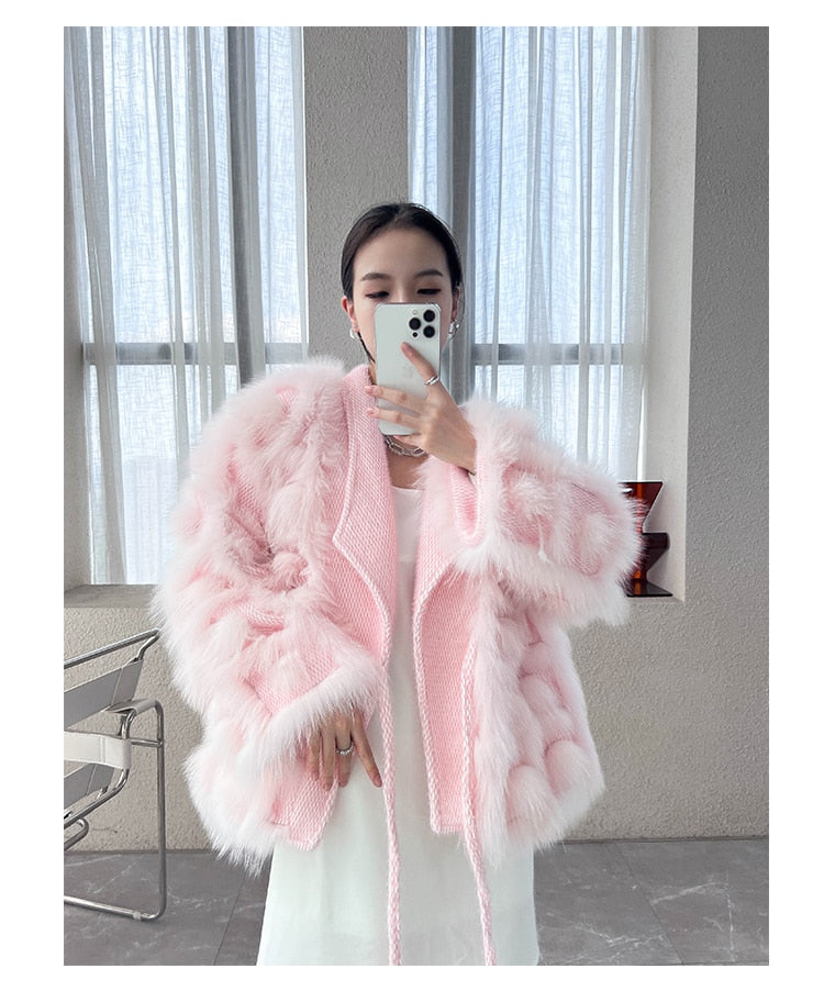 Genuine Fox Fur Ladies Knitted Cardigan Jacket